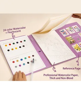 Detailed view of creative A4 trifold watercolor set featuring 24 solid colors and professional paper.