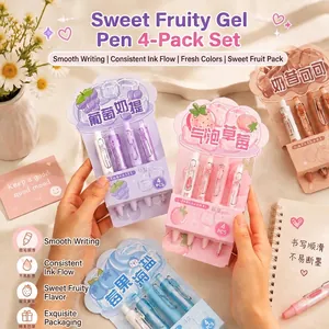 Ensemble de Stylos Gel Rétractables 0.5mm Encre Noire Séchage Rapide Papeterie Bureau Étudiant Thème Fruit Fraise Raisin