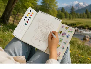 Detailed view of the built-in 12-color watercolor palette and floral line art in use.