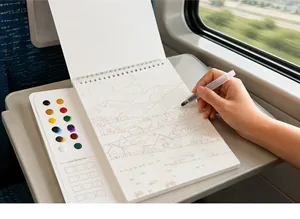 Close-up of a portable travel watercolor book set being used on a tray table