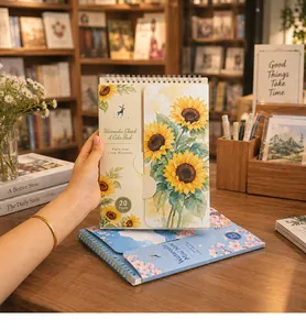 Hand-held watercolor coloring book with sunflower design in a library setting