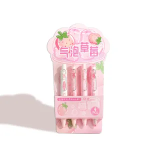 Set de 4 stylos gel rétractables 0,5 mm avec un emballage rose thème fraise mignon