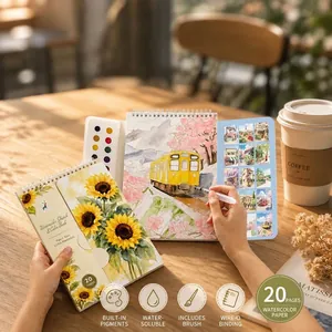 Portable adult watercolor coloring book set with 12 built-in paints and 20 pages
