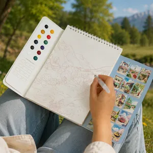 Portable watercolor coloring book set with 12 built-in paints and water brush pen