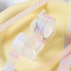 Pastell Regenbogen Karomuster PET Washi Tape Set mit klarem Acryl Klebeband Abroller