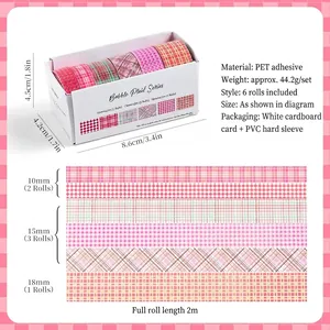 Set di 6 nastri washi in PET a quadretti rosa per scrapbooking DIY 2m