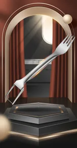 2-in-1 stainless steel watermelon slicer and fork tool on a professional display stage