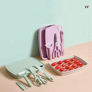 Baby Food Cutting Board Set Stainless Steel Fruit Knife Peeler Kitchen Scissors With Storage Base For Kids Home Dormitory