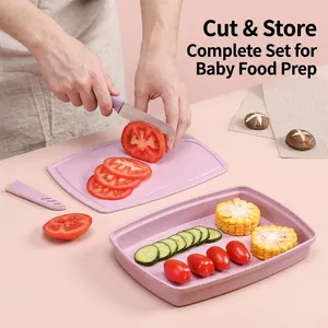 Pink 5-piece baby food cutting board set with knife and storage tray