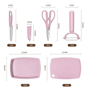 Pink 6-piece baby food prep set including cutting board, scissors, and peeler with dimensions