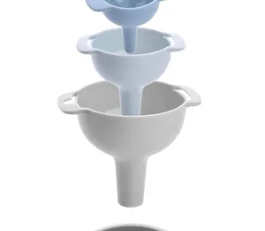 Close-up of stacked three-piece nesting funnel set in gradient blue and grey tones
