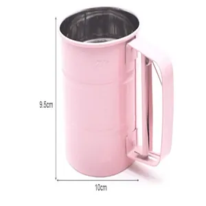 Tamiz de harina rosa de acero inoxidable con medidas de 9,5 cm de alto y 10 cm de ancho