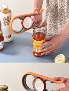 Detalle de primer plano de un abridor de frascos y botellas ergonómico naranja multifuncional