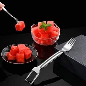 Versatile stainless steel watermelon slicer cutter tool with integrated fruit fork