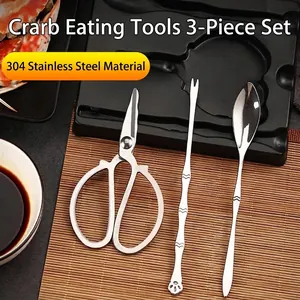 Premium 3-piece stainless steel crab eating tool set with scissors, fork, and spoon