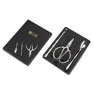 3-piece stainless steel crab tool set with elegant black gift box packaging, silver finish
