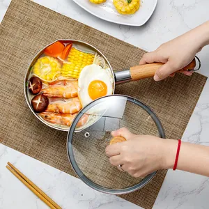 Premium stainless steel Yukihira pan with wooden handle and glass lid for cooking