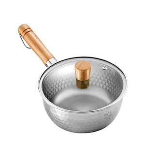 Premium hammered stainless steel Yukihira sauce pan with glass lid and wooden handle