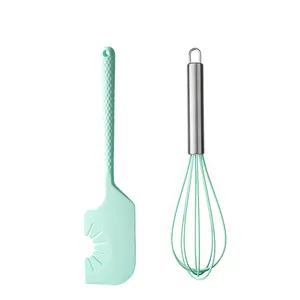 Professional mint green food-grade silicone spatula and whisk set for baking and cooking