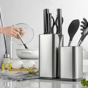 Modern Stainless Steel Knife Holder Universal Knife Block Kitchen Utensil Organizer Set Brushed Metal Knife Stand Caddy