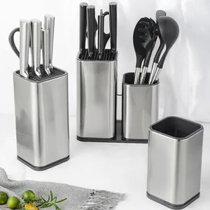 Modern stainless steel kitchen knife holder and utensil organizer set