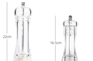 Detailed size comparison of 22cm and 16.5cm transparent acrylic pepper grinders