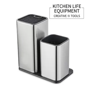 Modern stainless steel kitchen knife holder and utensil organizer set on a black base
