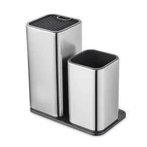 Modern stainless steel knife block and utensil holder set for kitchen counter storage