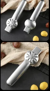 Cortador de castañas de acero inoxidable profesional desde varios ángulos con castañas