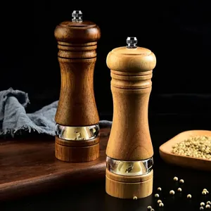 Oak Wood Manual Pepper Grinder Mill With Ceramic Core Acrylic Visible Window Adjustable Coarseness Sea Salt Spice Shaker For Kitchen