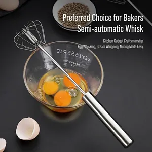 Semi-automatic stainless steel hand whisk stirrer for egg beating and cream whipping