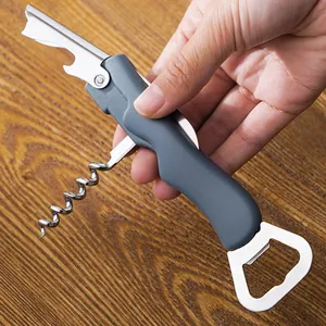 Cavatappi multifunzione in acciaio inox e apribottiglie con impugnatura grigia