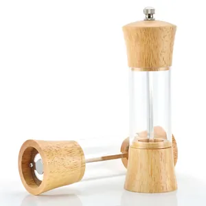Two-pack 6-inch oak wood and clear acrylic pepper mills for manual spice grinding