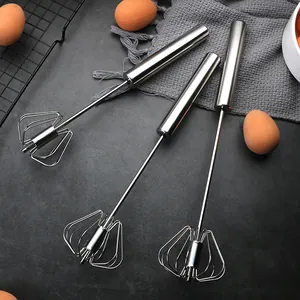 Durable stainless steel semi-automatic rotating egg whisk for versatile kitchen baking