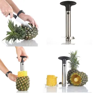 Stainless steel pineapple slicer and corer tool with usage steps on white background
