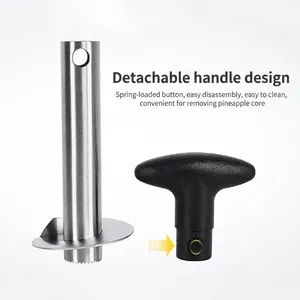 Manual stainless steel pineapple corer and slicer tool with a detachable black handle