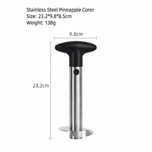 Stainless steel pineapple corer and slicer tool with measurements on white background