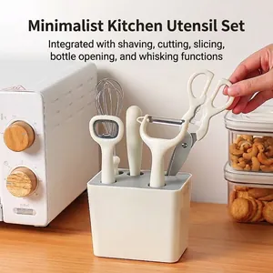 Stainless Steel Kitchen Tool Combination Creamy White Minimalist Scissors Fruit Knife Peeler Bottle Opener Whisk With Storage Base Home Cooking Utensils For Daily Use