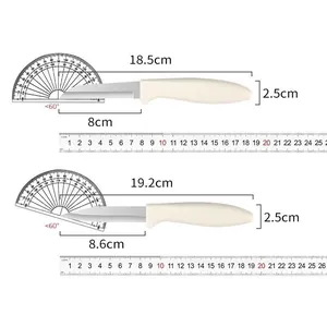 Detailed size specifications for two white stainless steel fruit knives shown with rulers