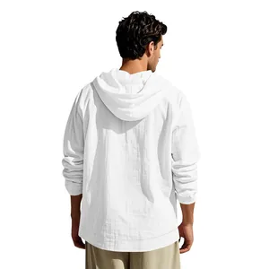 Detailed back view of a breathable high-quality white cotton linen hooded shirt for men