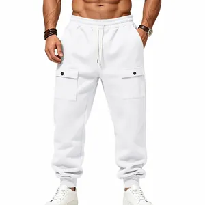 Full detail view of men's white fleece cargo sweatpants featuring a drawstring waist