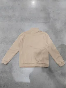 Full back view of a men's casual beige stand collar fleece sweatshirt on gray background