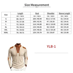 Detailed measurement chart for men's waffle knit lace-up vintage Henley shirt in CM and INCH