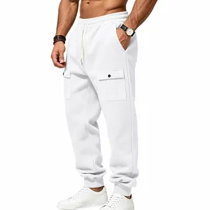 Detail showing drawstring waist and snap button cargo pocket of white joggers