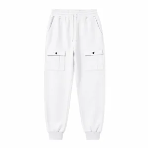 Detail view of white cargo sweatpants with snap button pockets and jogger cuffs.