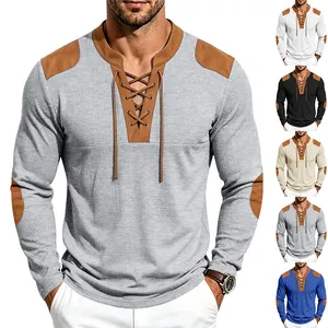 Retro men's waffle knit Henley shirt featuring drawstring neck in multiple colors