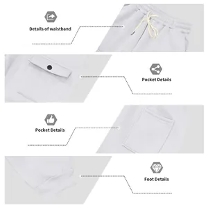 Detailed views of men's cargo sweatpants waistband, pockets, and ribbed cuffs.