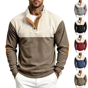 Men's corduroy pullover with color block design and elbow patches in various colors.