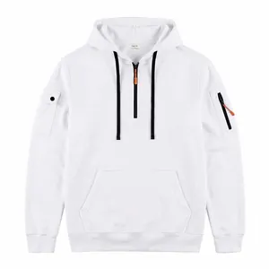 Felpa con cappuccio bianca premium foderata in pile con mezza zip e tasche manica.