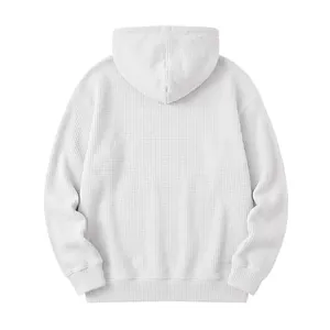 Back view of premium white waffle knit hoodie featuring ribbed cuffs and hem details